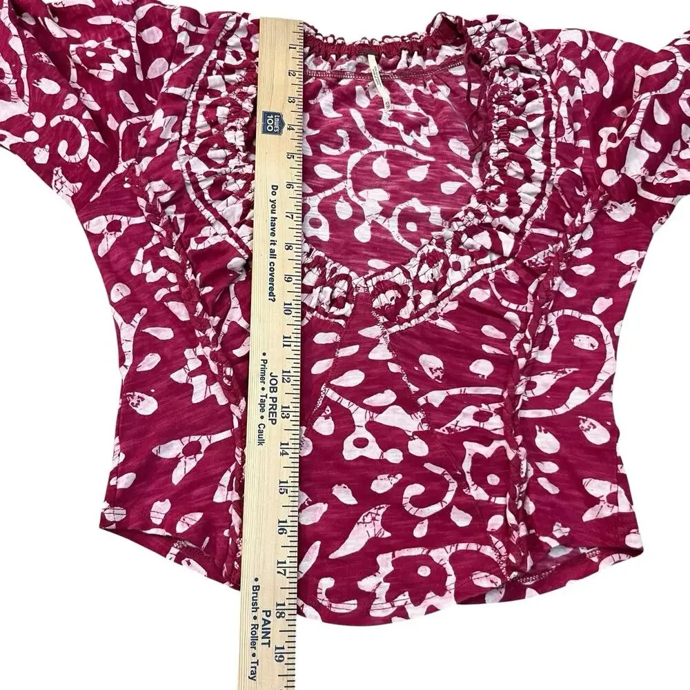 Free People On The Block Batik Print Top XS Bell Sleeve Cropped Boho Berry Combo